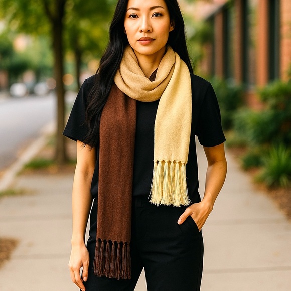 VINTAGE SCARF 80s Ombre 3-tone Tan Brown and Cream Knit Jersey w Fringe - Picture 3 of 15